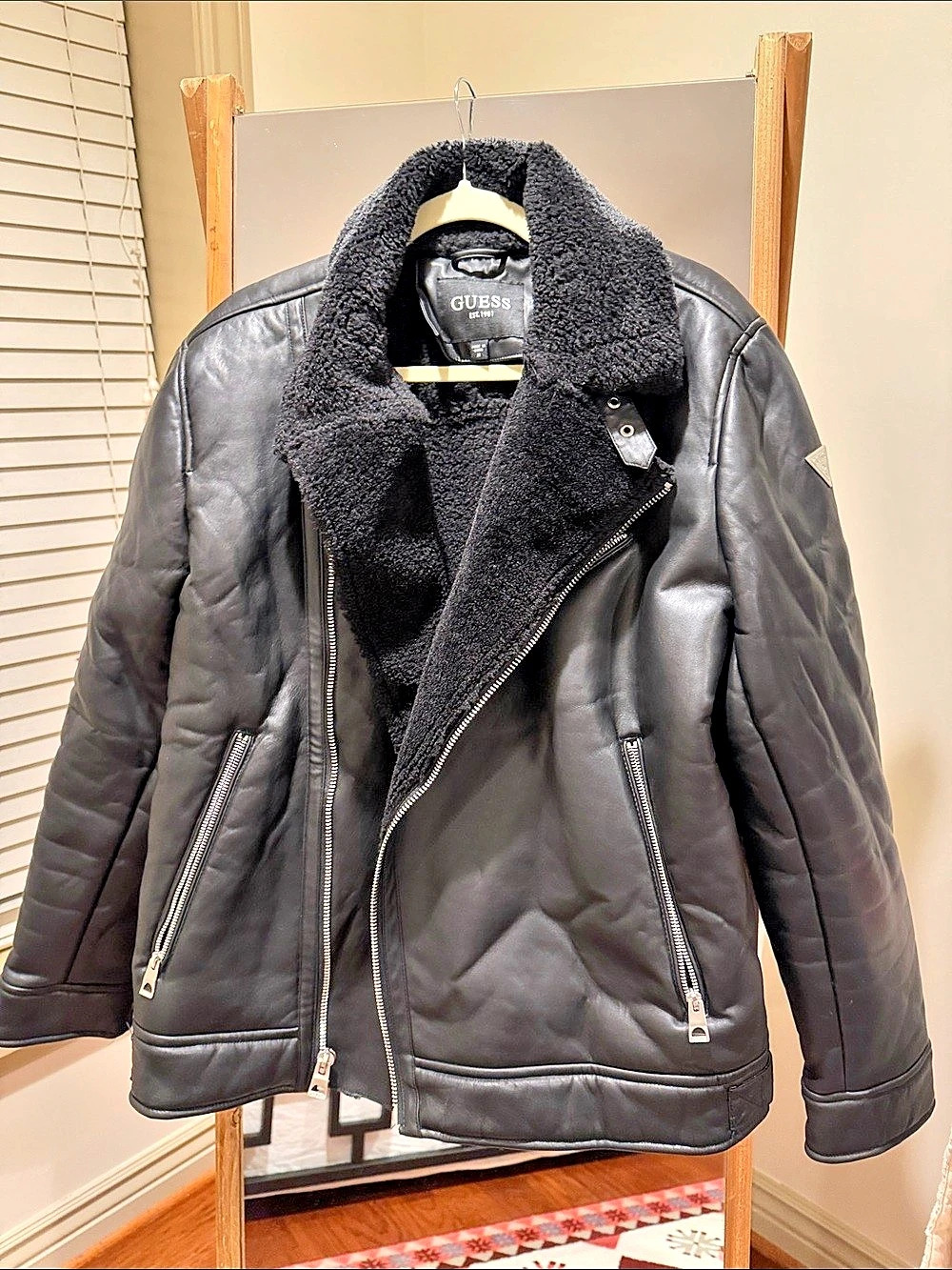 GUESS Faux Shearling Moto Jacket in Black Like New